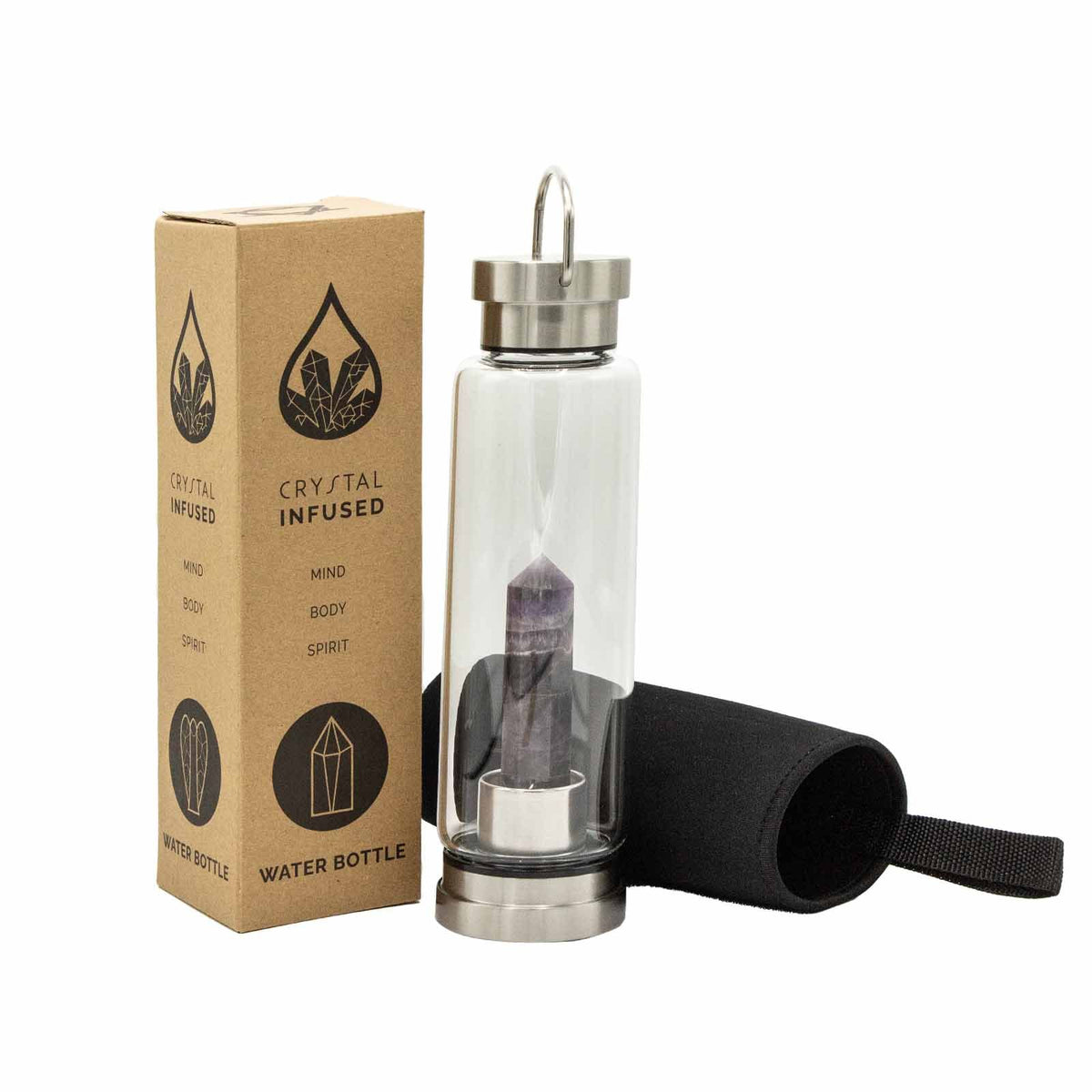 Crystal Infused Glass Water Bottle - Amethyst Obelisk - 500ml