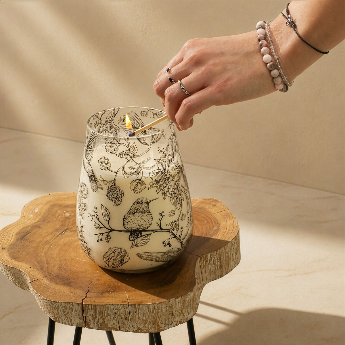 Tall Glass Jar Candle - Drawn by Flame Floral & Bird Design, 12x12x15cm