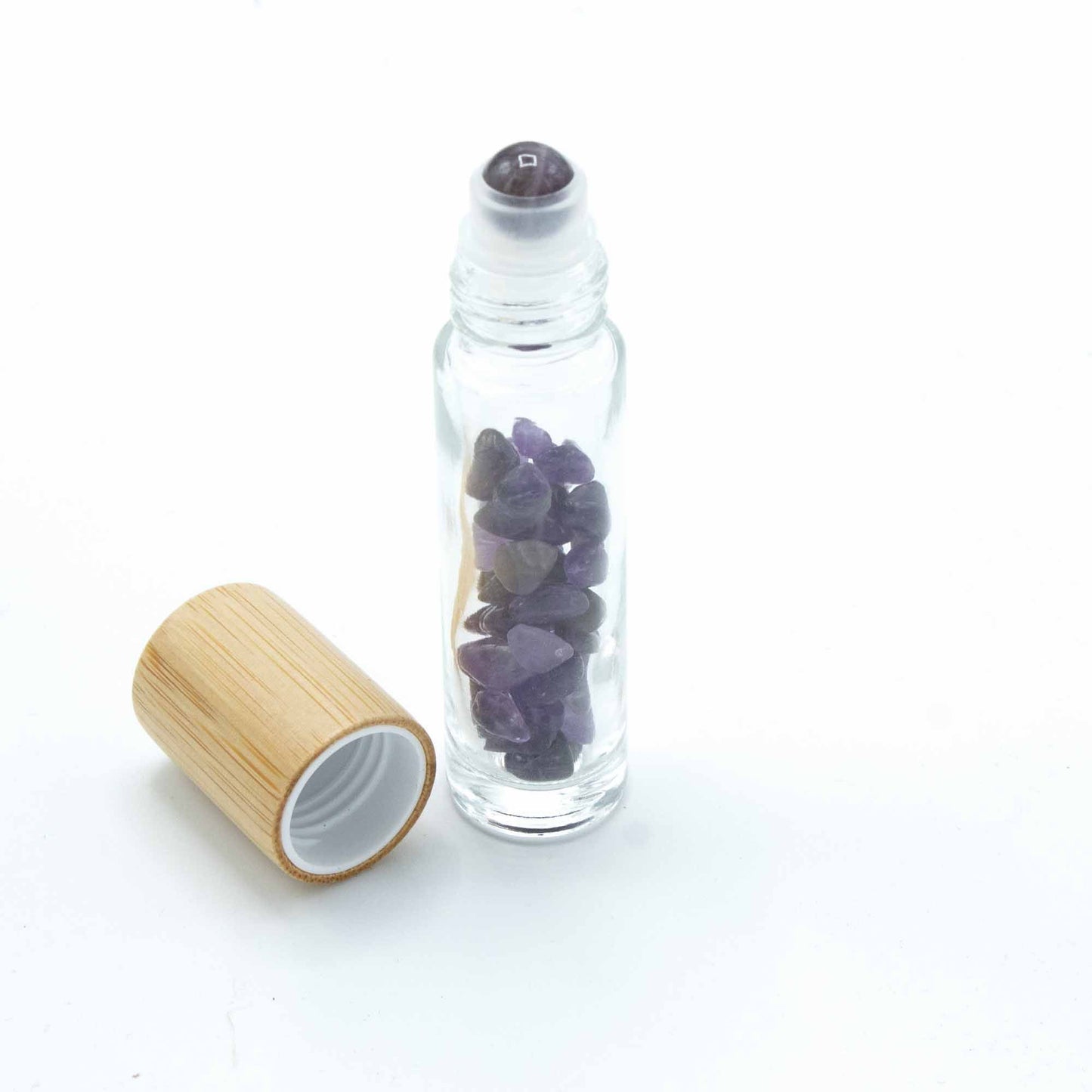 Gemstone Essential Oil Roller Bottle - Amethyst - Wooden Cap