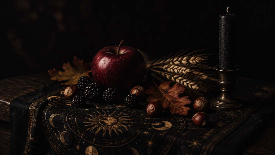 A dark Mabon harvest still life — a red apple, blackberries, hazelnuts and wheat beside a black candle in low candlelight.