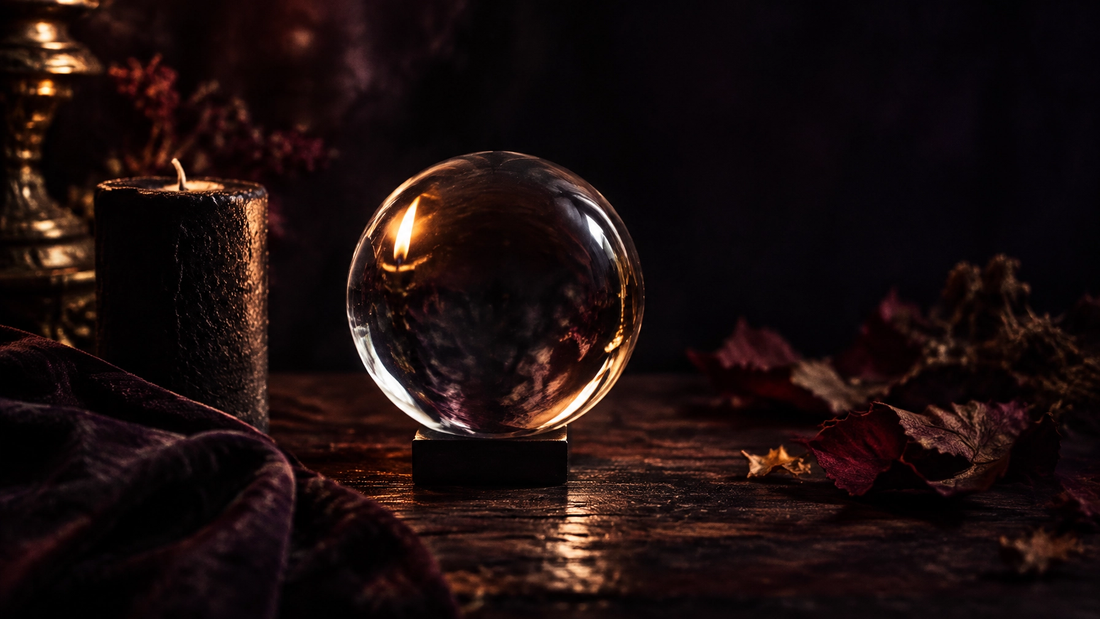 Clear crystal ball on a stand reflecting a candle flame