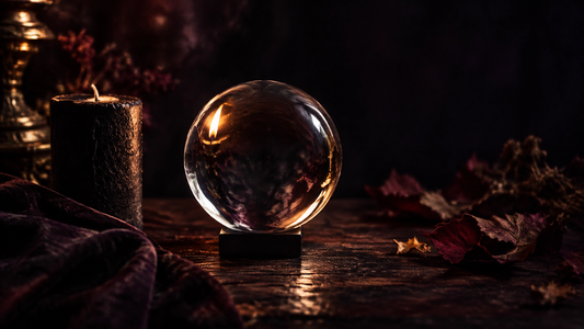 Clear crystal ball on a stand reflecting a candle flame