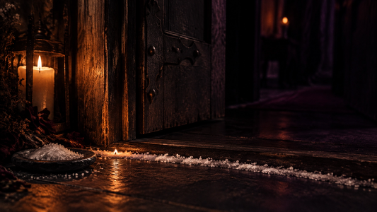 Salt line laid across a wooden door threshold, with a dish of salt and a candle lantern