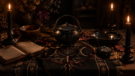 Candlelit Samhain altar with a pentagram-lidded cauldron, a bowl of water, an open journal and a black stone on a triple moon altar cloth