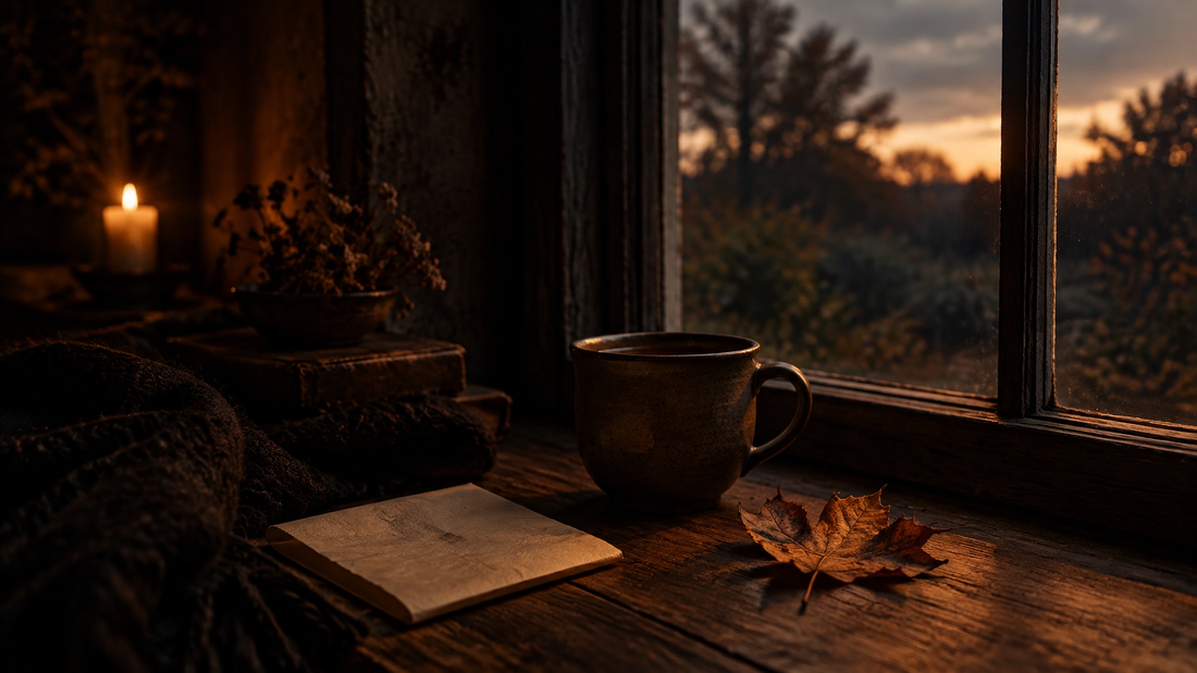 A ceramic cup of tea on a wooden windowsill at dusk, a dried leaf and folded paper beside it, autumn trees darkening beyond the glass