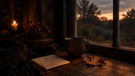 A ceramic cup of tea on a wooden windowsill at dusk, a dried leaf and folded paper beside it, autumn trees darkening beyond the glass