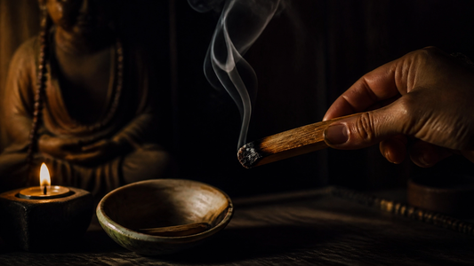 A hand holds a smouldering palo santo stick with smoke rising, beside a lit candle, a shallow ceramic bowl and a seated statue in warm, dark light