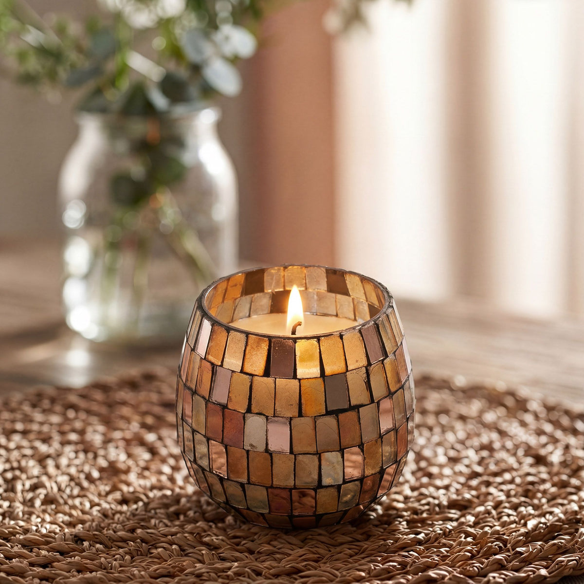 Amber Mosaic Glass Jar Candle - 8x8x8cm | Sanctum Noctis