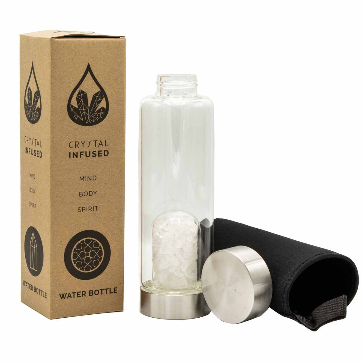 Crystal Infused Glass Water Bottle - Clear Quartz Chips - 500ml