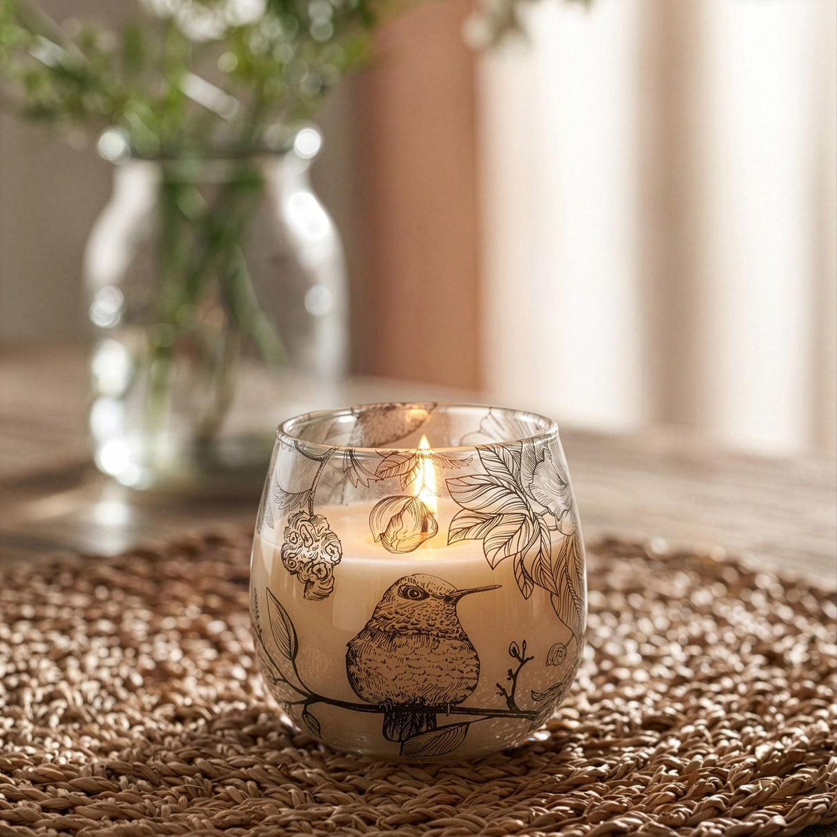 Small Glass Jar Candle - Hand-Drawn Birds & Botanicals - 8cm