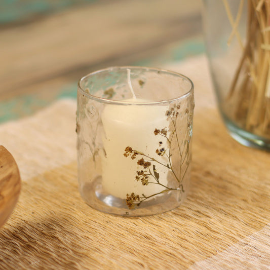 Natural Floral Recycled Glass Candle Holder - Margarita - 8x8cm