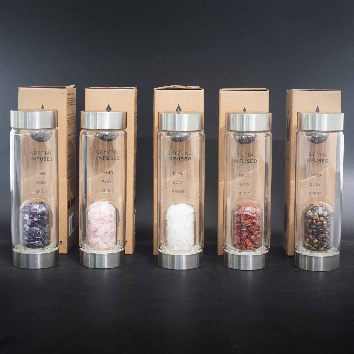 Crystal Infused Glass Water Bottle - Clear Quartz Chips - 500ml