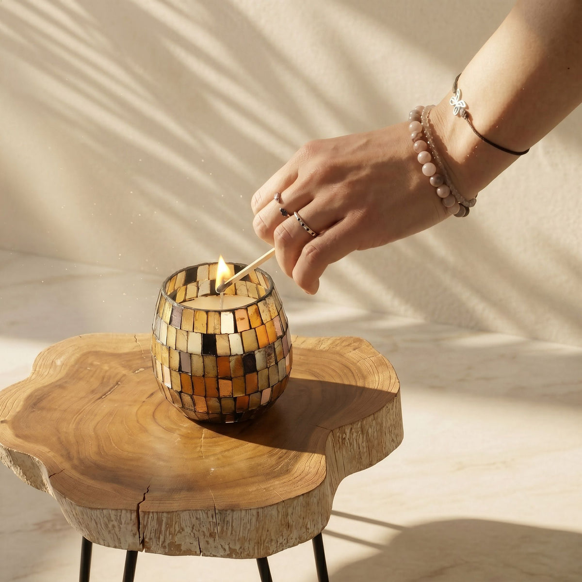 Amber Mosaic Glass Jar Candle - 8x8x8cm | Sanctum Noctis
