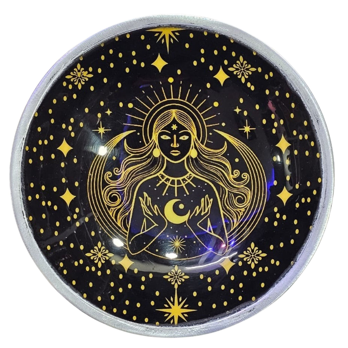 Triple Leg Enamelled Offering Plate - Gold Goddess on Black, 16cm