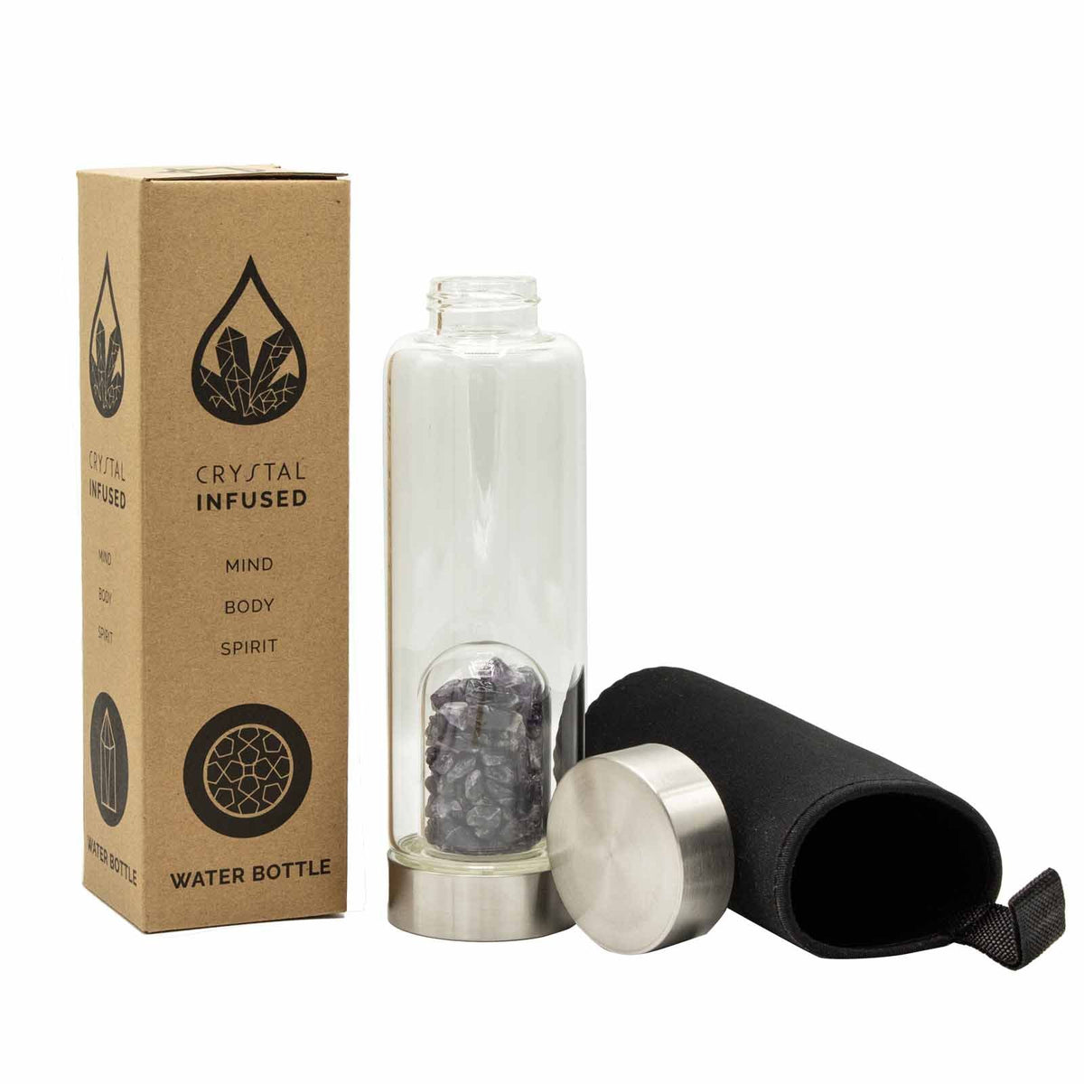 Crystal Infused Glass Water Bottle - Amethyst Chips - 500ml