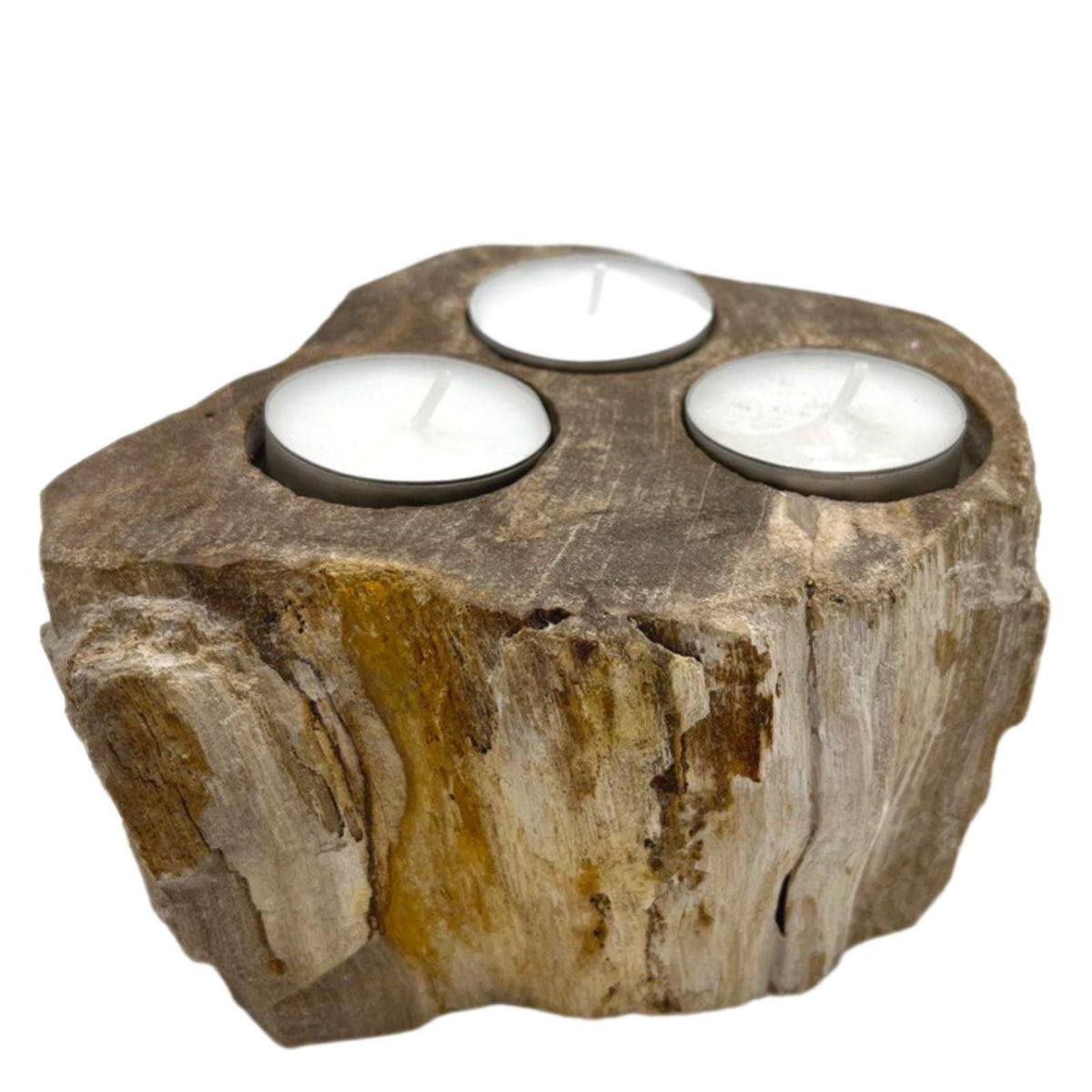 Petrified Wood Triple Tealight Candle Holder - 6x13x15cm