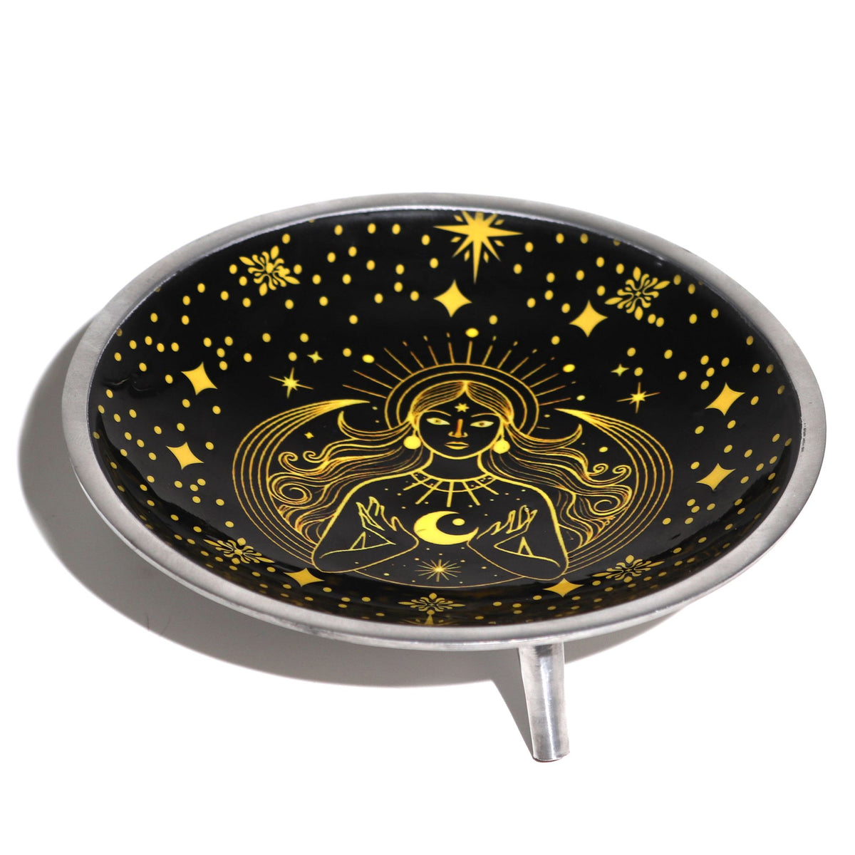 Triple Leg Enamelled Offering Plate - Gold Goddess on Black, 16cm