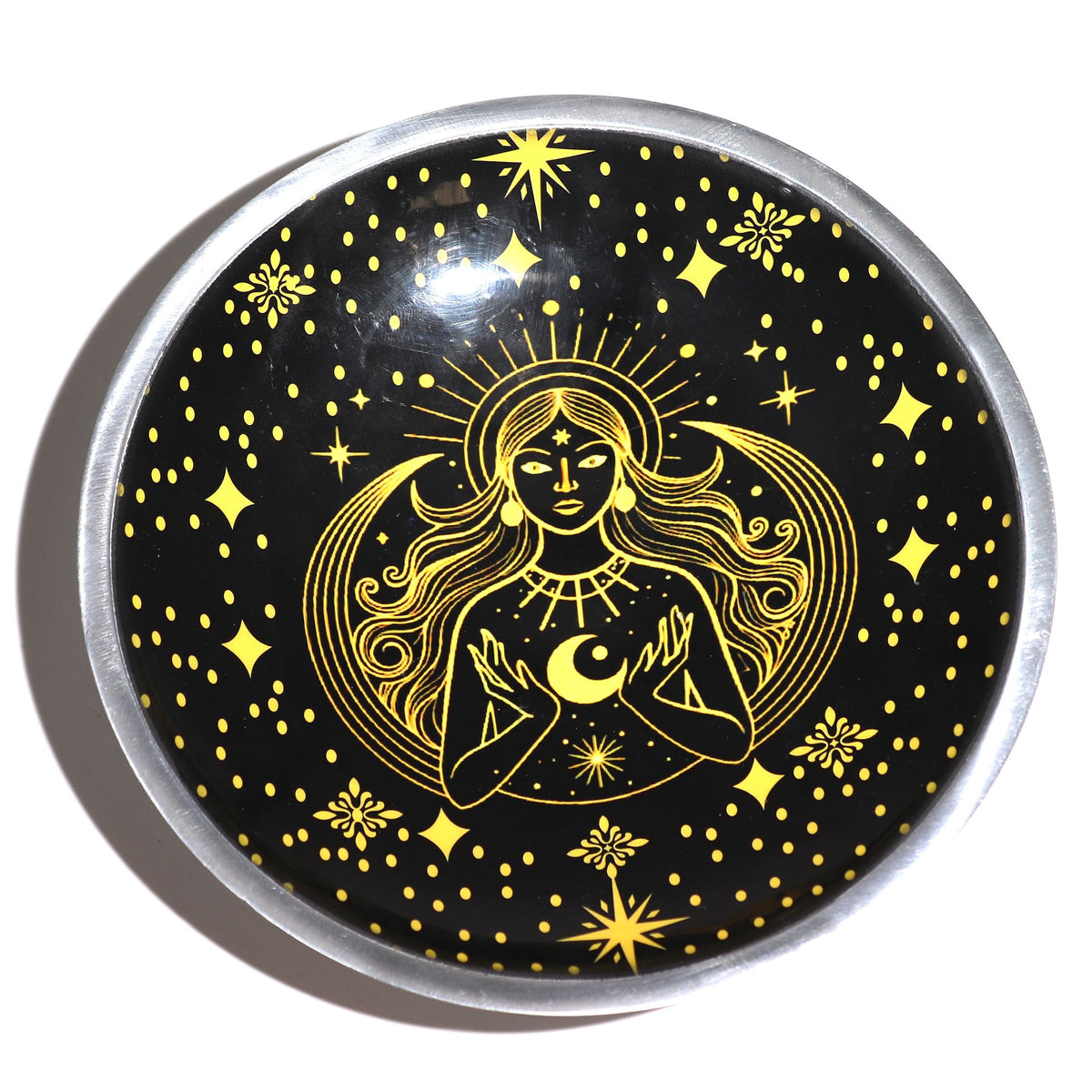 Triple Leg Enamelled Offering Plate - Gold Goddess on Black, 16cm