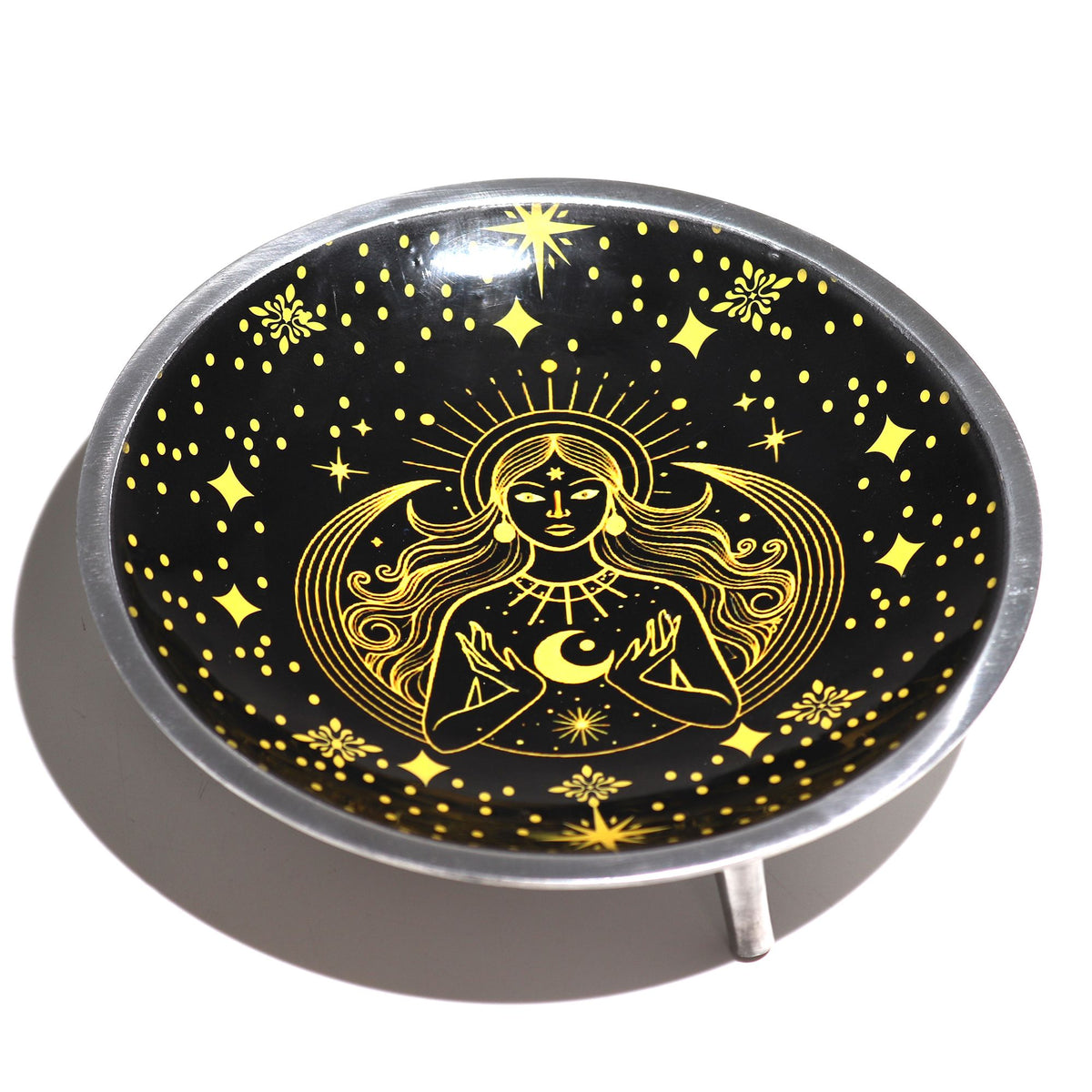 Triple Leg Enamelled Offering Plate - Gold Goddess on Black, 16cm
