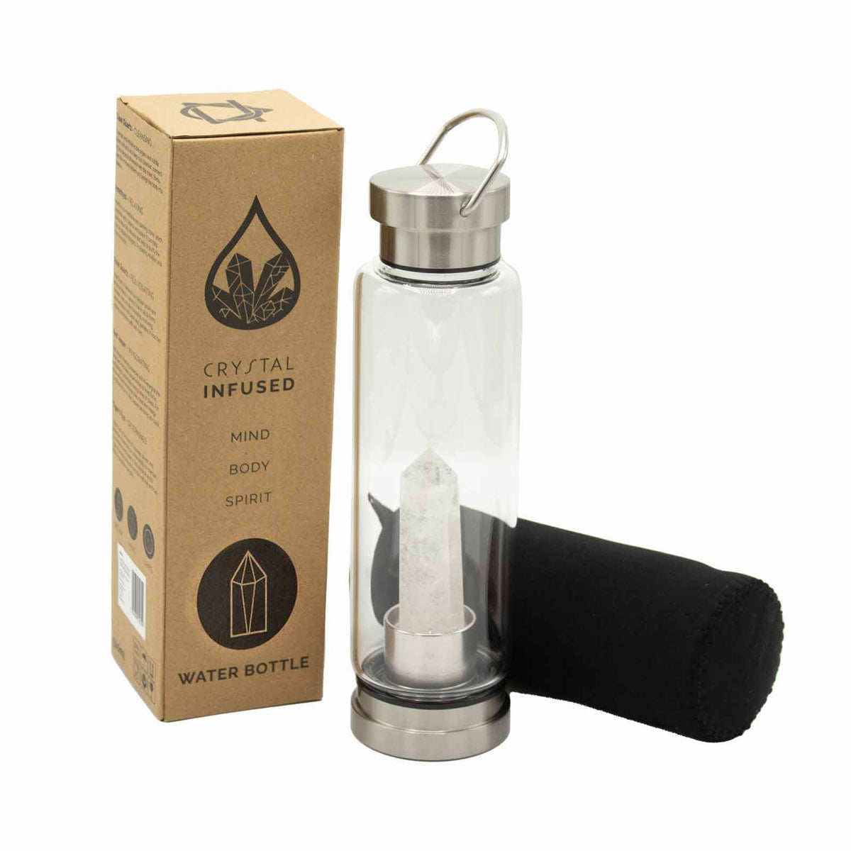 Crystal Infused Glass Water Bottle - Clear Quartz Obelisk - 500ml