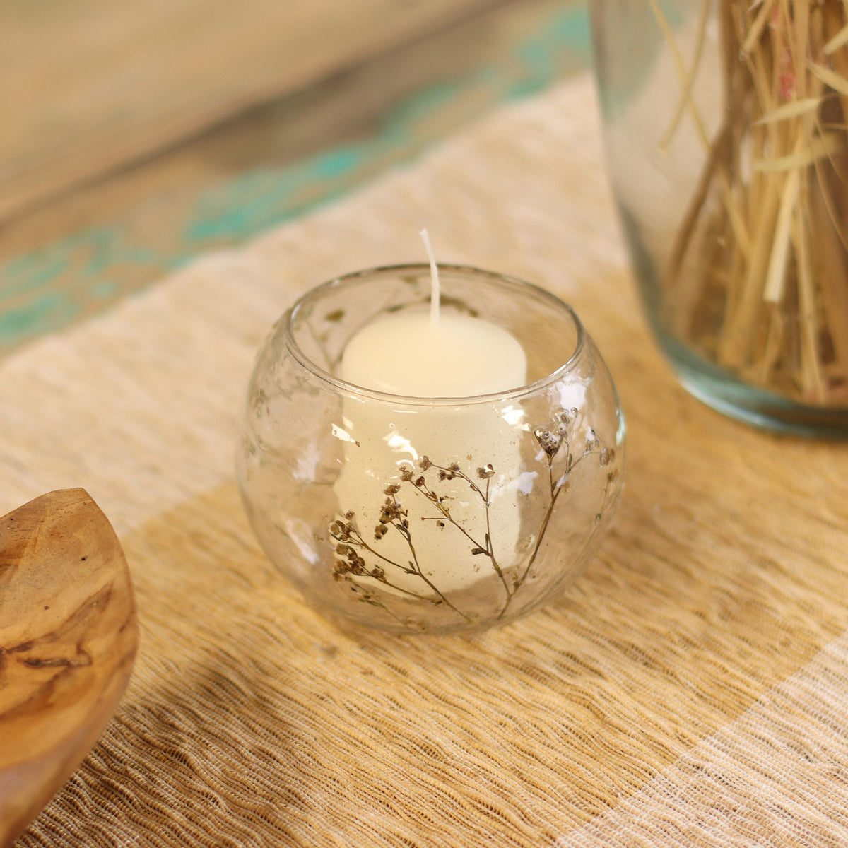 Natural Floral Glass Bowl Candle Holder - Margarita - 8x10cm