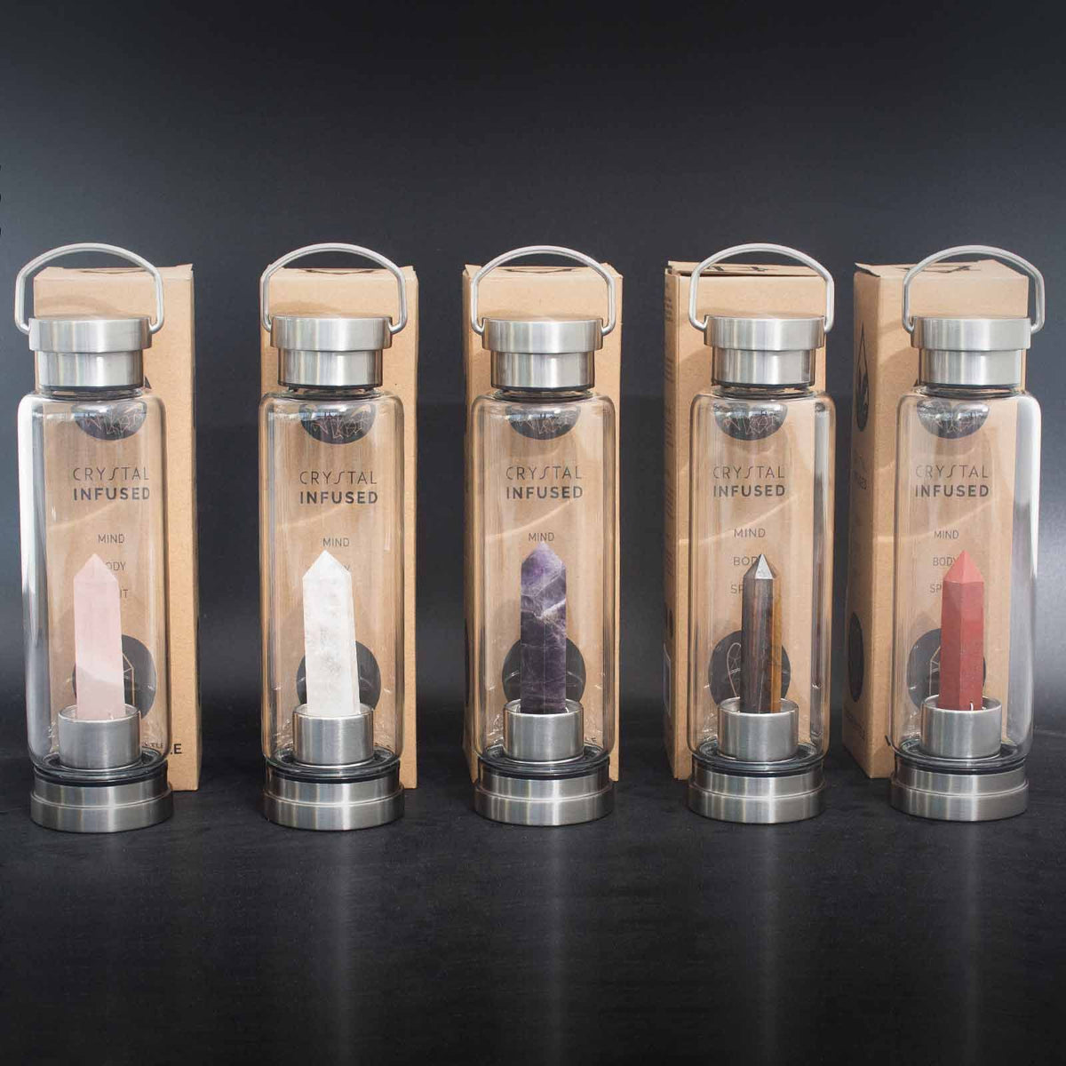Crystal Infused Glass Water Bottle - Rose Quartz Obelisk - 500ml