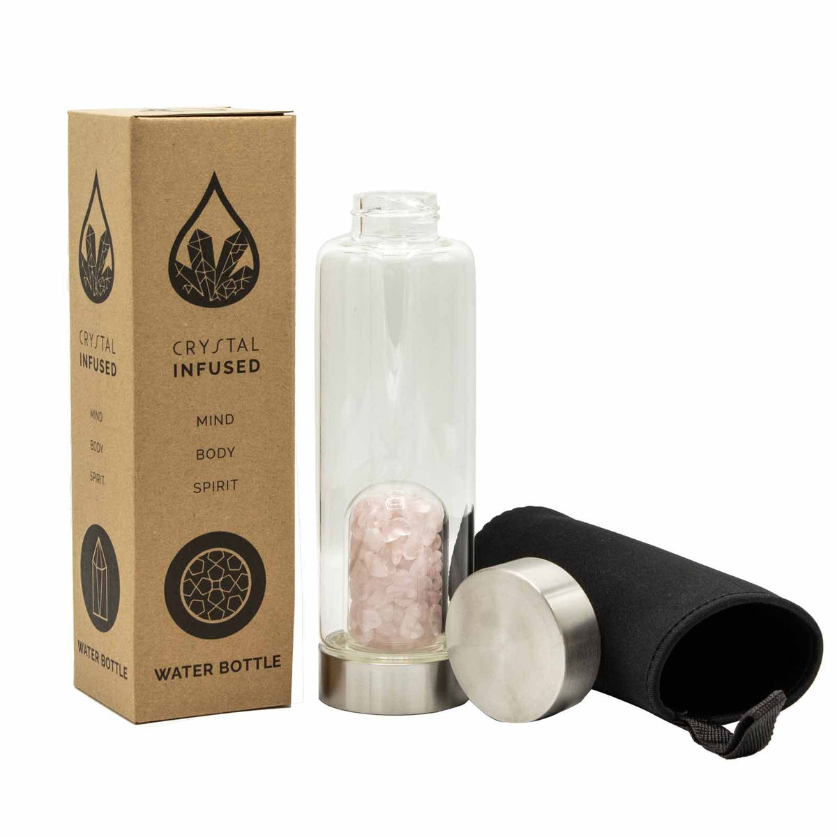 Crystal Infused Glass Water Bottle - Rose Quartz Chips - 500ml