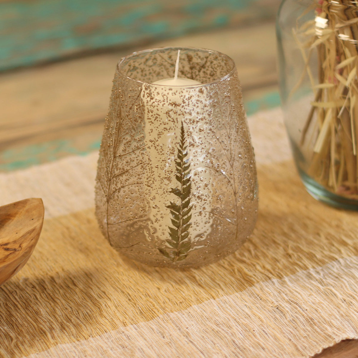 Natural Floral Glass Large Bowl Candle Holder - Pino - 15x12cm