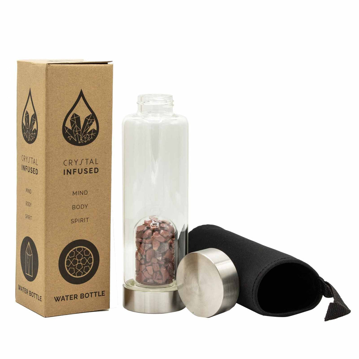 Crystal Infused Glass Water Bottle - Red Jasper Chips - 500ml