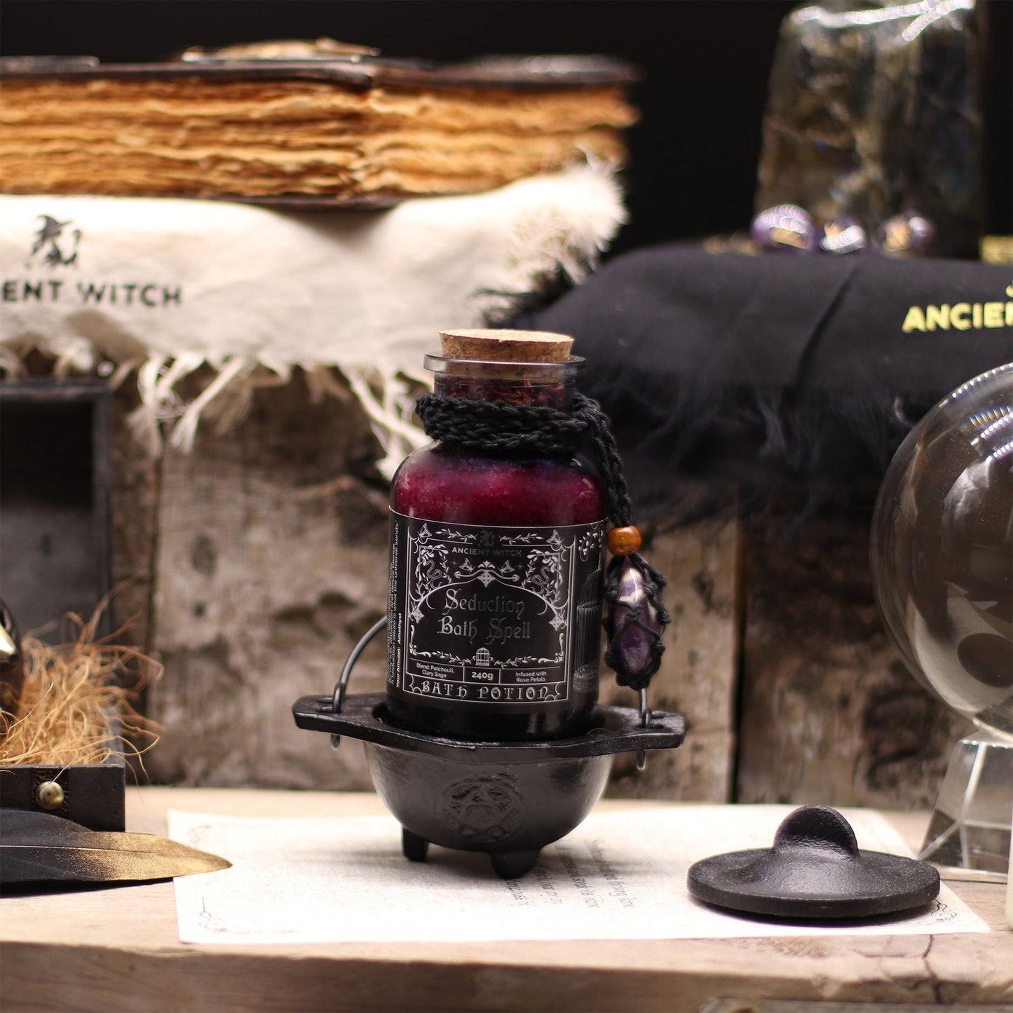 Ancient Witch Bath Spell Potion & Amethyst Crystal Amulet - Seduction