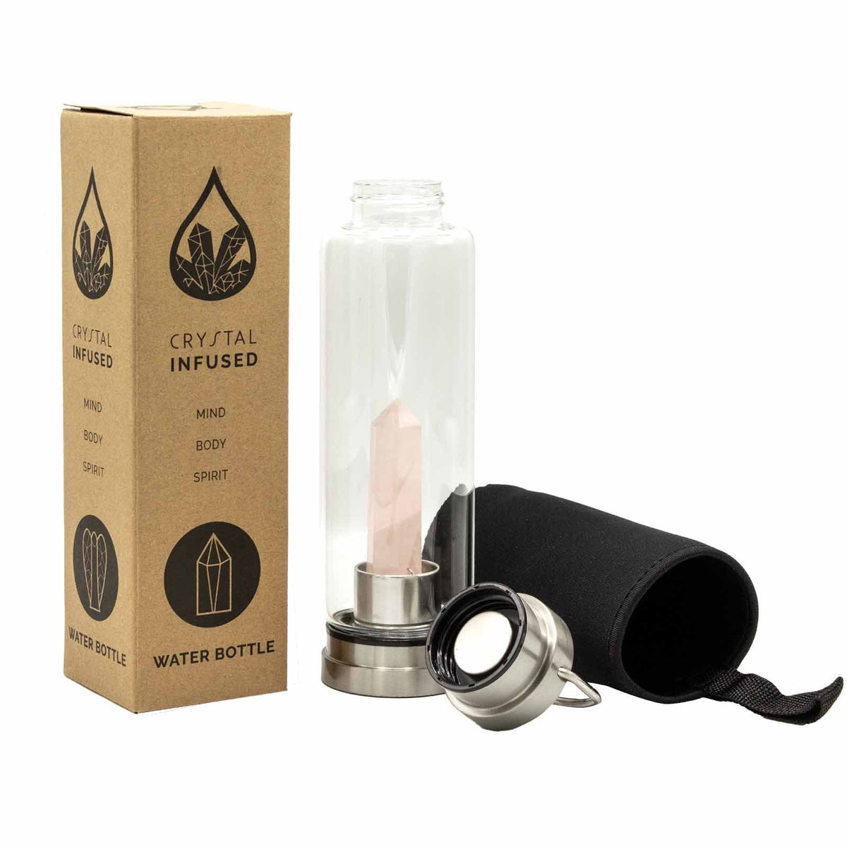 Crystal Infused Glass Water Bottle - Rose Quartz Obelisk - 500ml