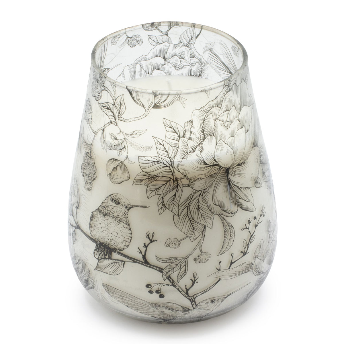 Tall Glass Jar Candle - Drawn by Flame Floral & Bird Design, 12x12x15cm