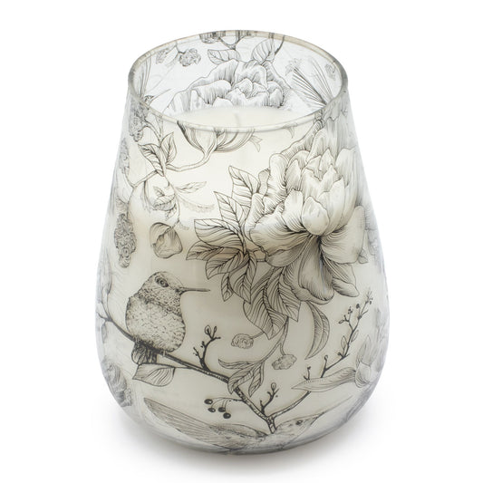 Tall Glass Jar Candle - Drawn by Flame Floral & Bird Design, 12x12x15cm