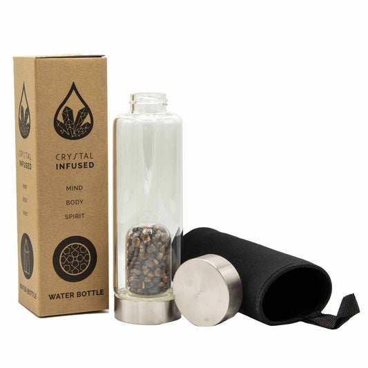 Crystal Infused Glass Water Bottle - Tiger's Eye Chips - 500ml