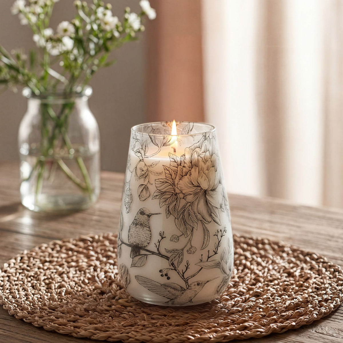 Tall Glass Jar Candle - Drawn by Flame Floral & Bird Design, 12x12x15cm