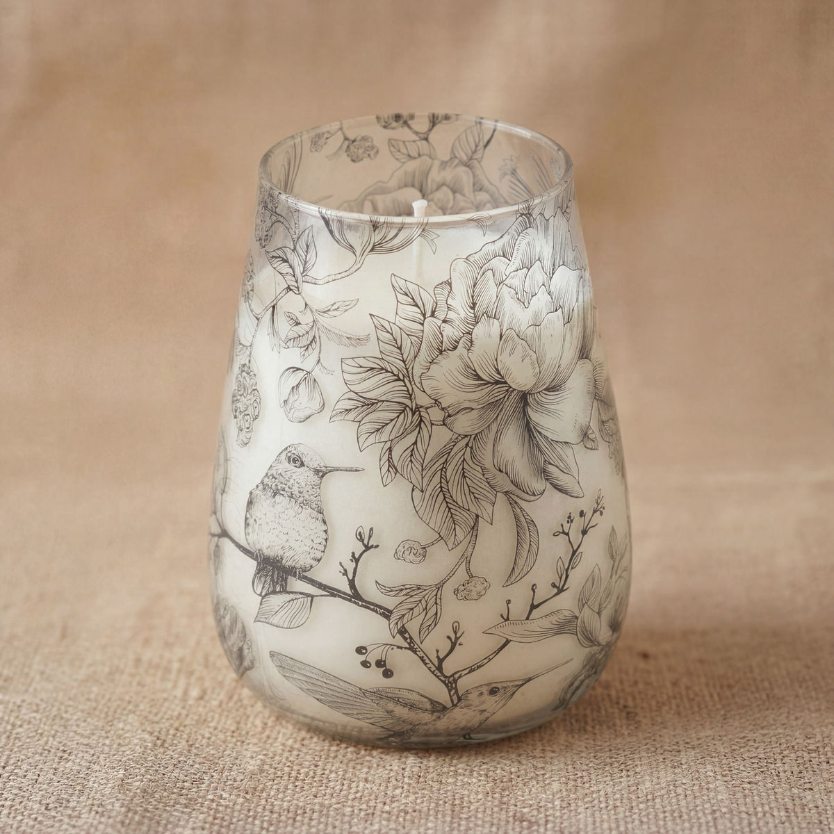 Tall Glass Jar Candle - Drawn by Flame Floral & Bird Design, 12x12x15cm