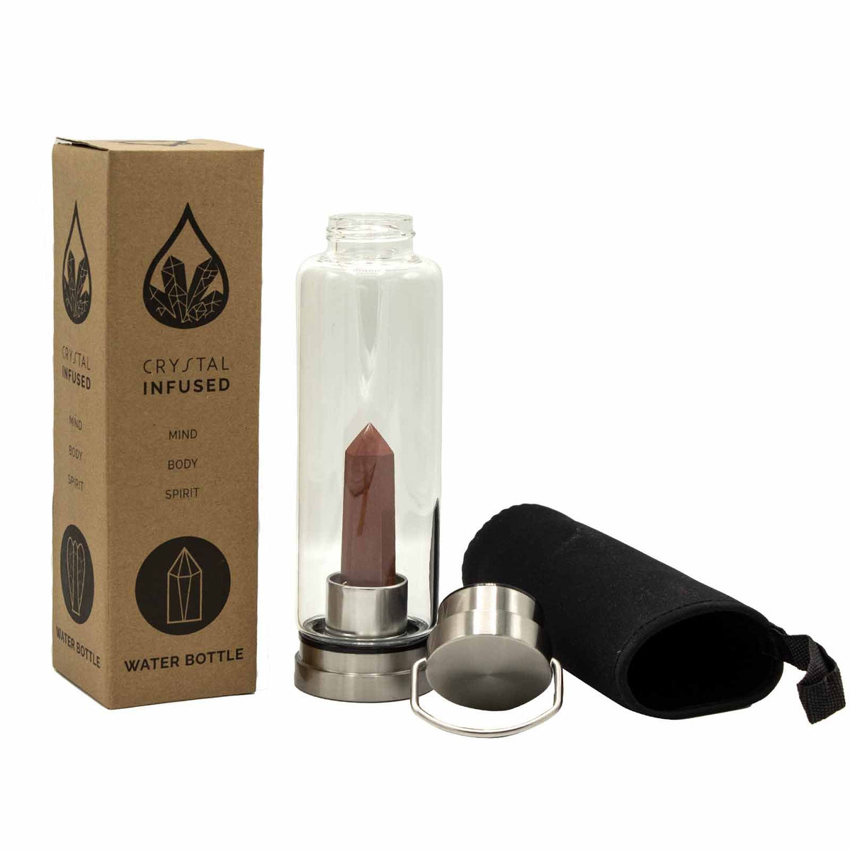 Crystal Infused Glass Water Bottle - Red Jasper Obelisk - 500ml