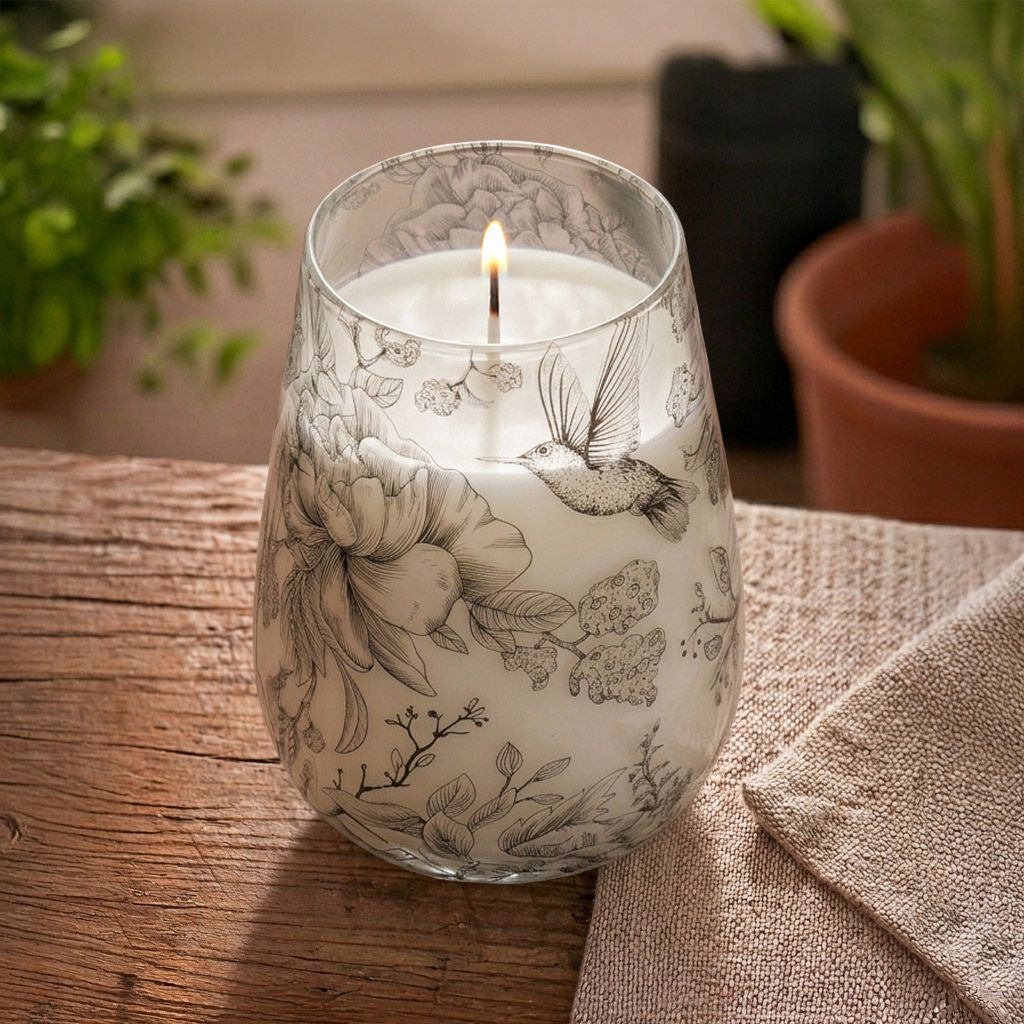 Tall Glass Jar Candle - Drawn by Flame Floral & Bird Design, 12x12x15cm