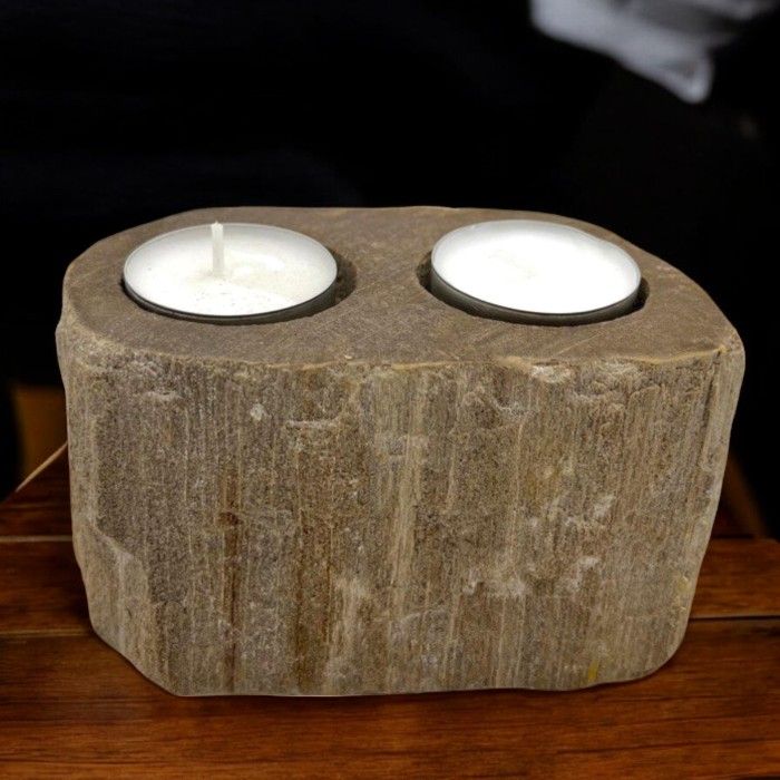 Petrified Wood Candle Holder - Double Tealight - 12.5cm